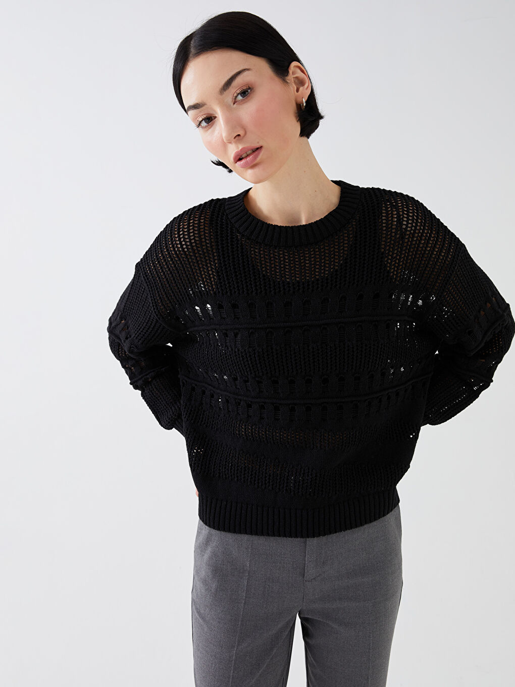 Crew Neck Ajour Long Sleeve Women's Tricot Sweater -S3G922Z8-CVL