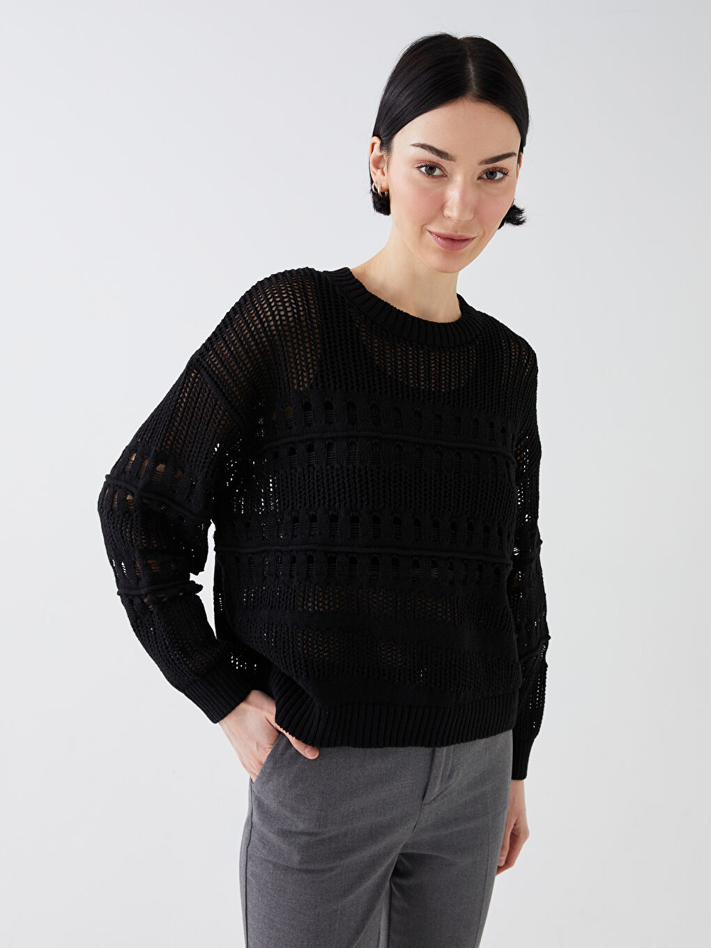 Crew Neck Ajour Long Sleeve Women's Tricot Sweater -S3G922Z8-CVL