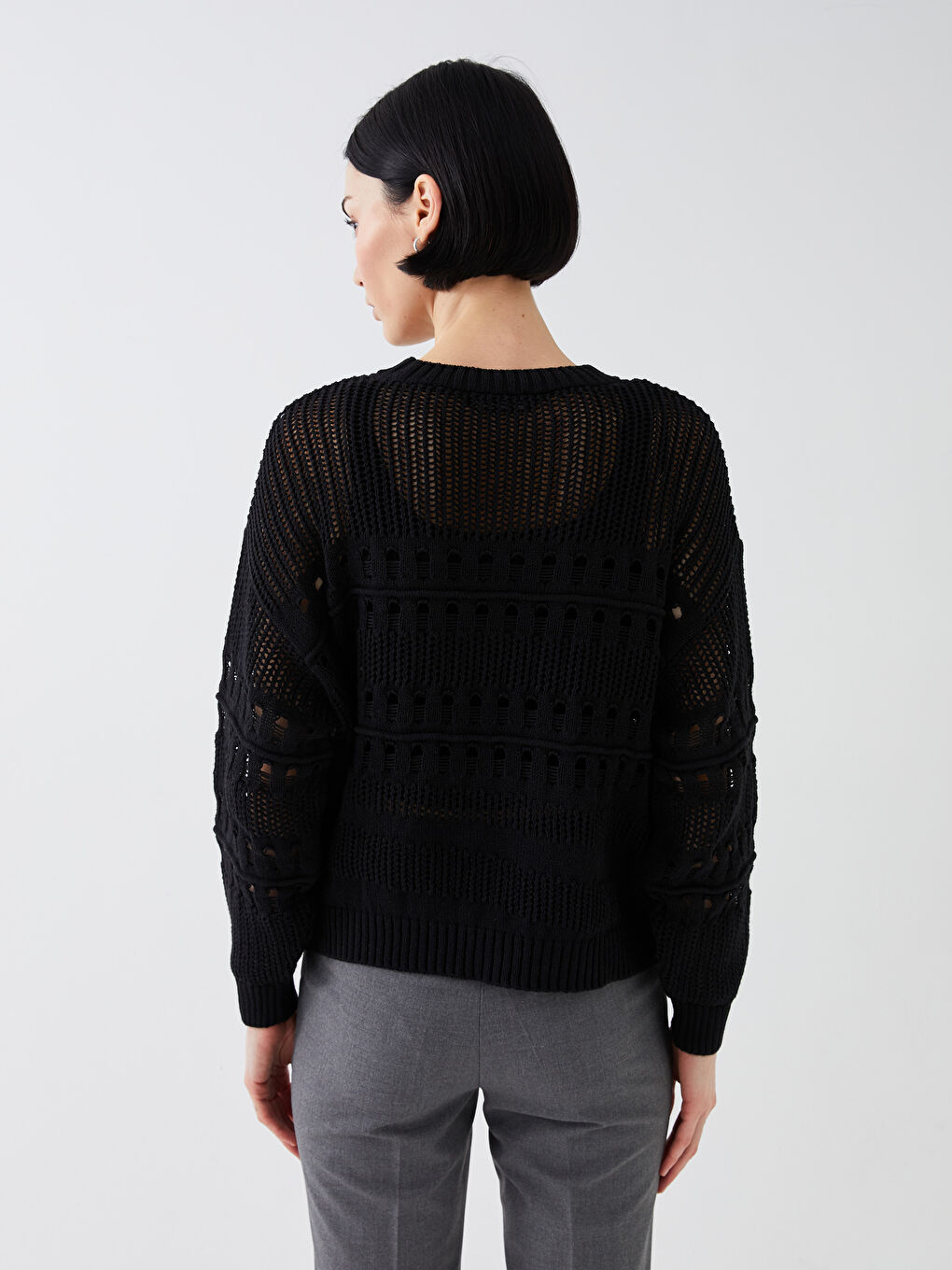 Crew Neck Ajour Long Sleeve Women's Tricot Sweater -S3G922Z8-CVL