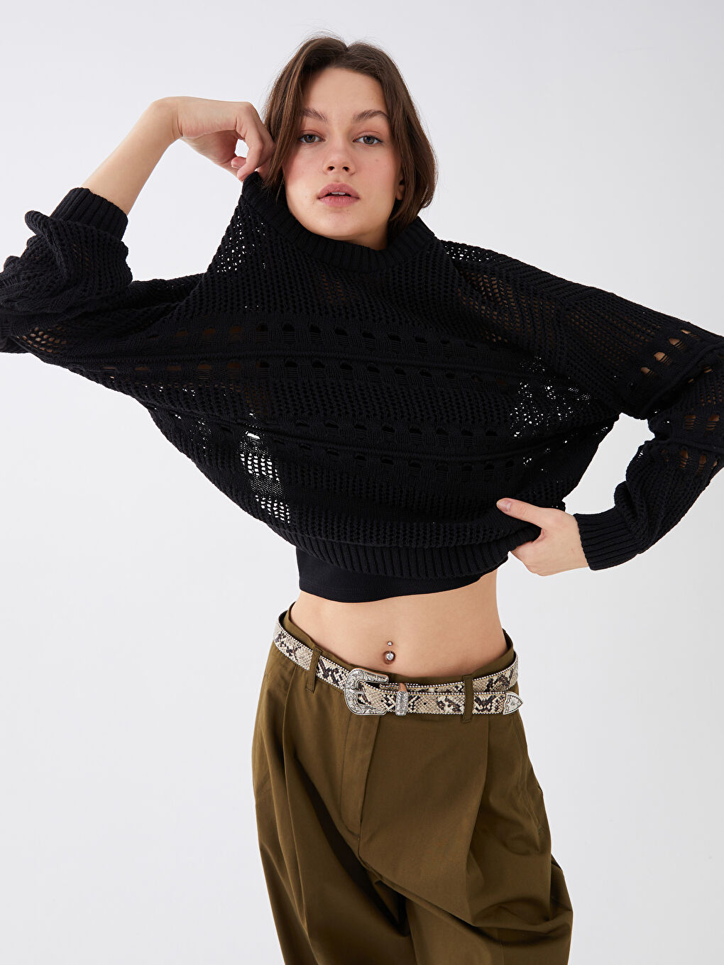 Crew Neck Ajour Long Sleeve Women's Tricot Sweater -S3G922Z8-CVL