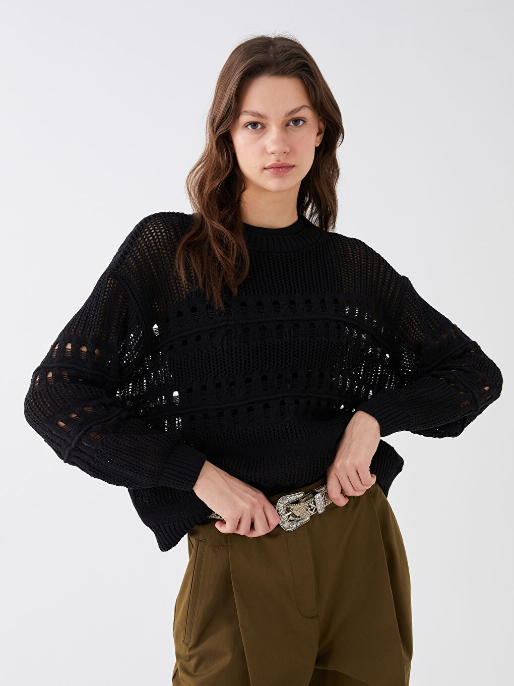 Crew Neck Ajour Long Sleeve Women's Tricot Sweater -S3G922Z8-CVL