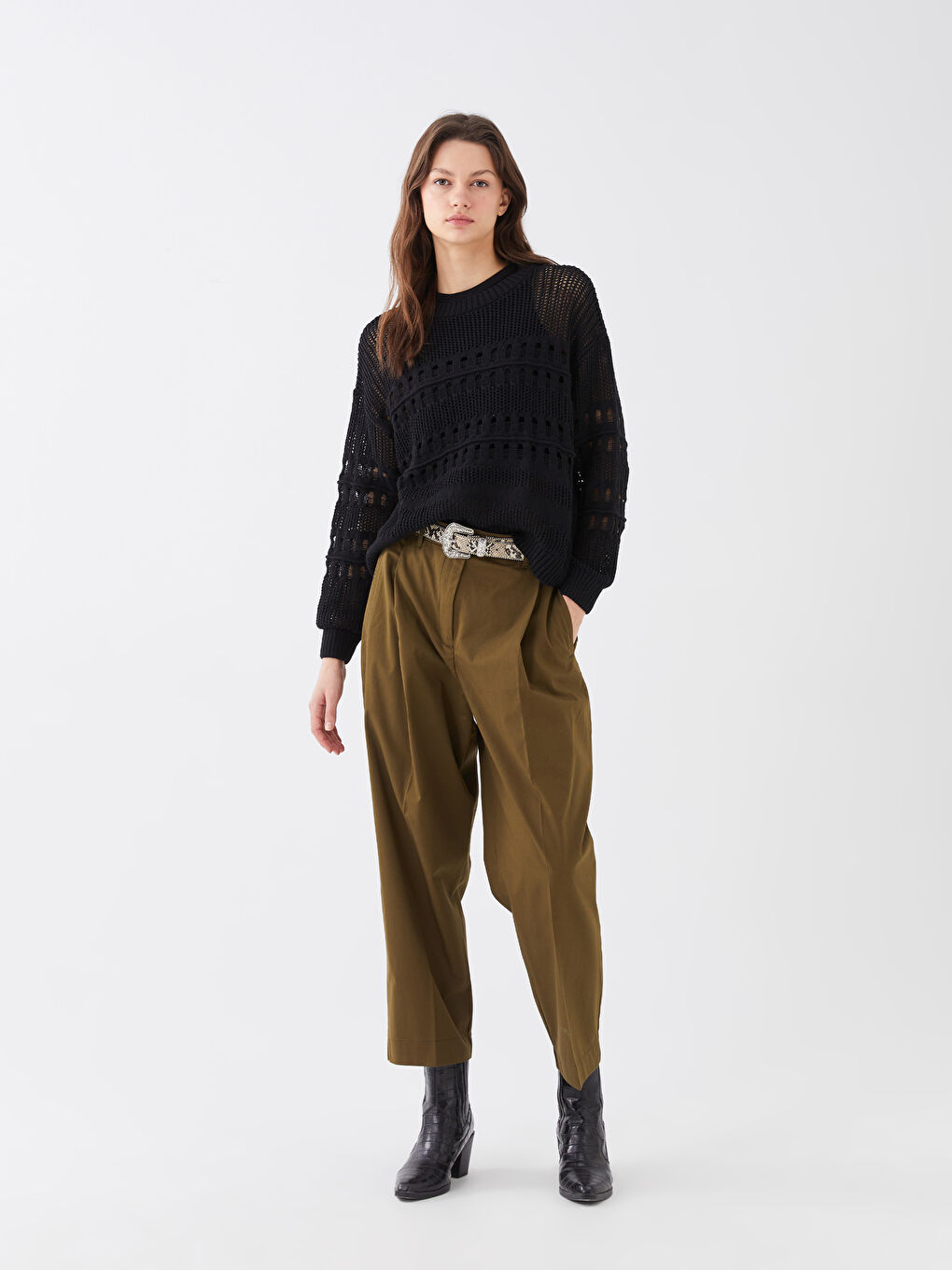 Crew Neck Ajour Long Sleeve Women's Tricot Sweater -S3G922Z8-CVL