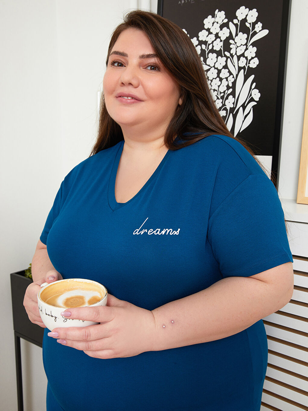 Petrol Büyük Beden Petite V Yaka Baskılı Kısa Kollu Kadın Pijama Takımı