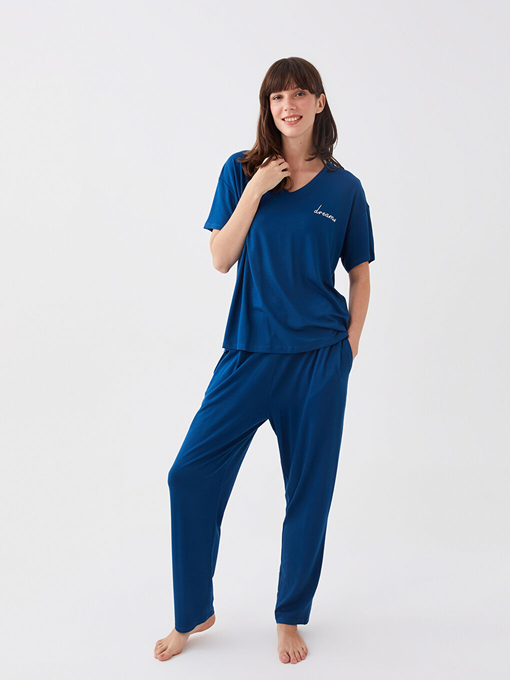 Petrol Büyük Beden Petite V Yaka Baskılı Kısa Kollu Kadın Pijama Takımı-1