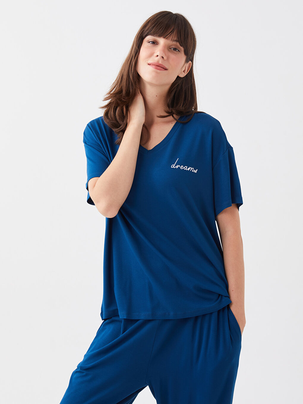 Petrol Büyük Beden Petite V Yaka Baskılı Kısa Kollu Kadın Pijama Takımı-2