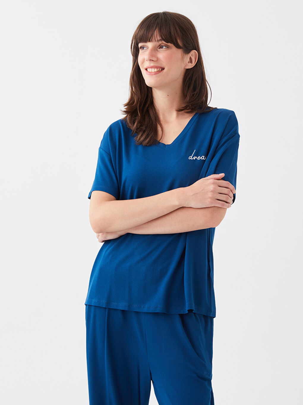 Petrol Büyük Beden Petite V Yaka Baskılı Kısa Kollu Kadın Pijama Takımı-3