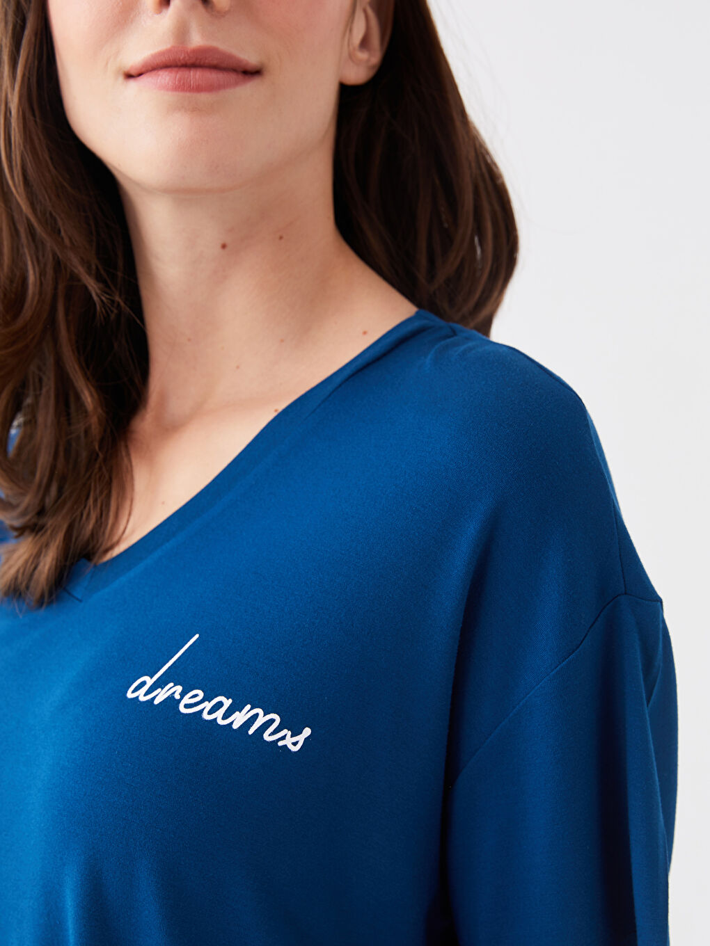 Petrol Büyük Beden Petite V Yaka Baskılı Kısa Kollu Kadın Pijama Takımı-4