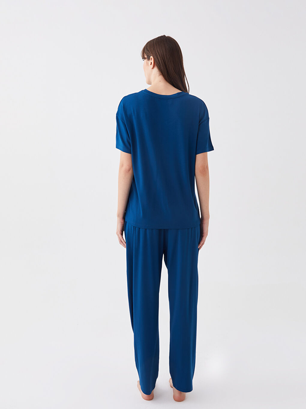 Petrol Büyük Beden Petite V Yaka Baskılı Kısa Kollu Kadın Pijama Takımı-5