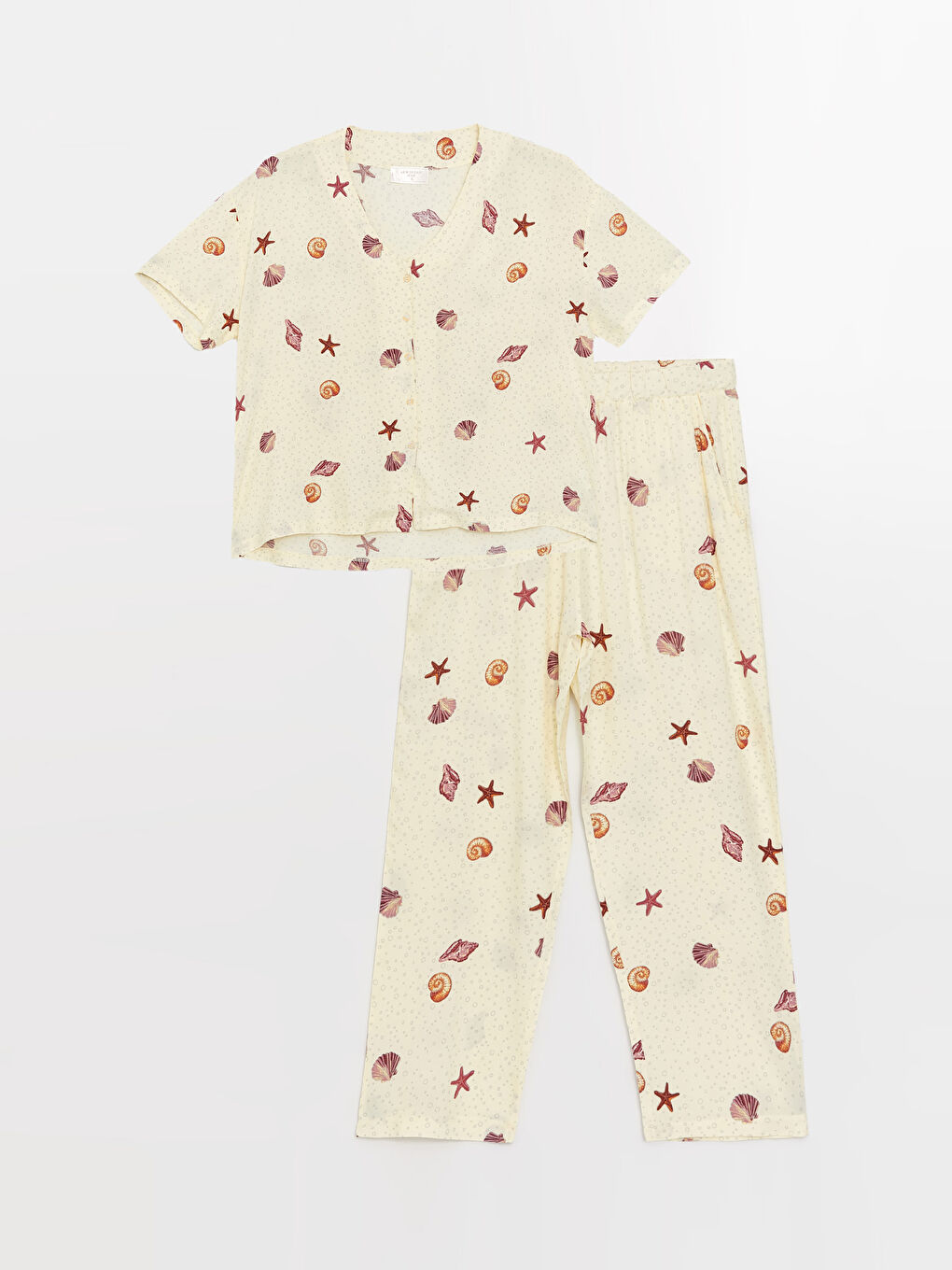 Ekru Büyük Beden Petite V Yaka Desenli Kısa Kollu Kadın Pijama Takımı-1