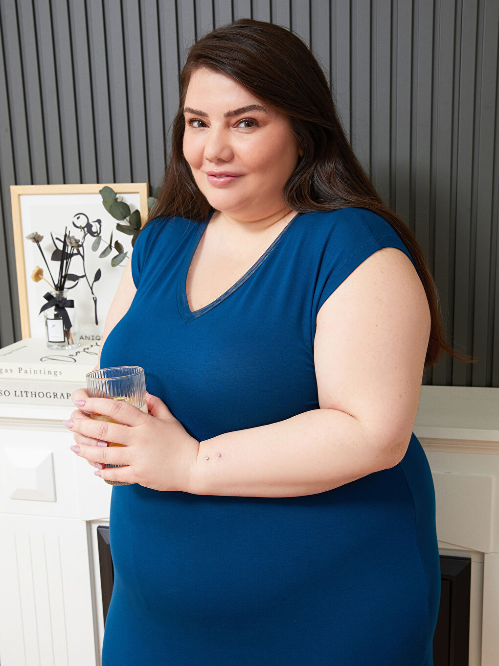 Plus Size Petite V-Neck Women's Plain Nightgown-2