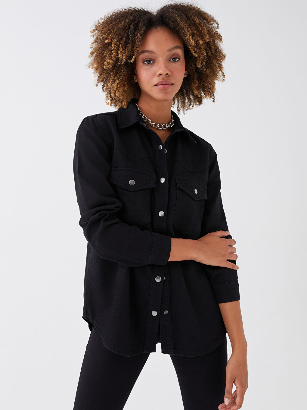 Siyah Düz Uzun Kollu Kadın Jean Gömlek