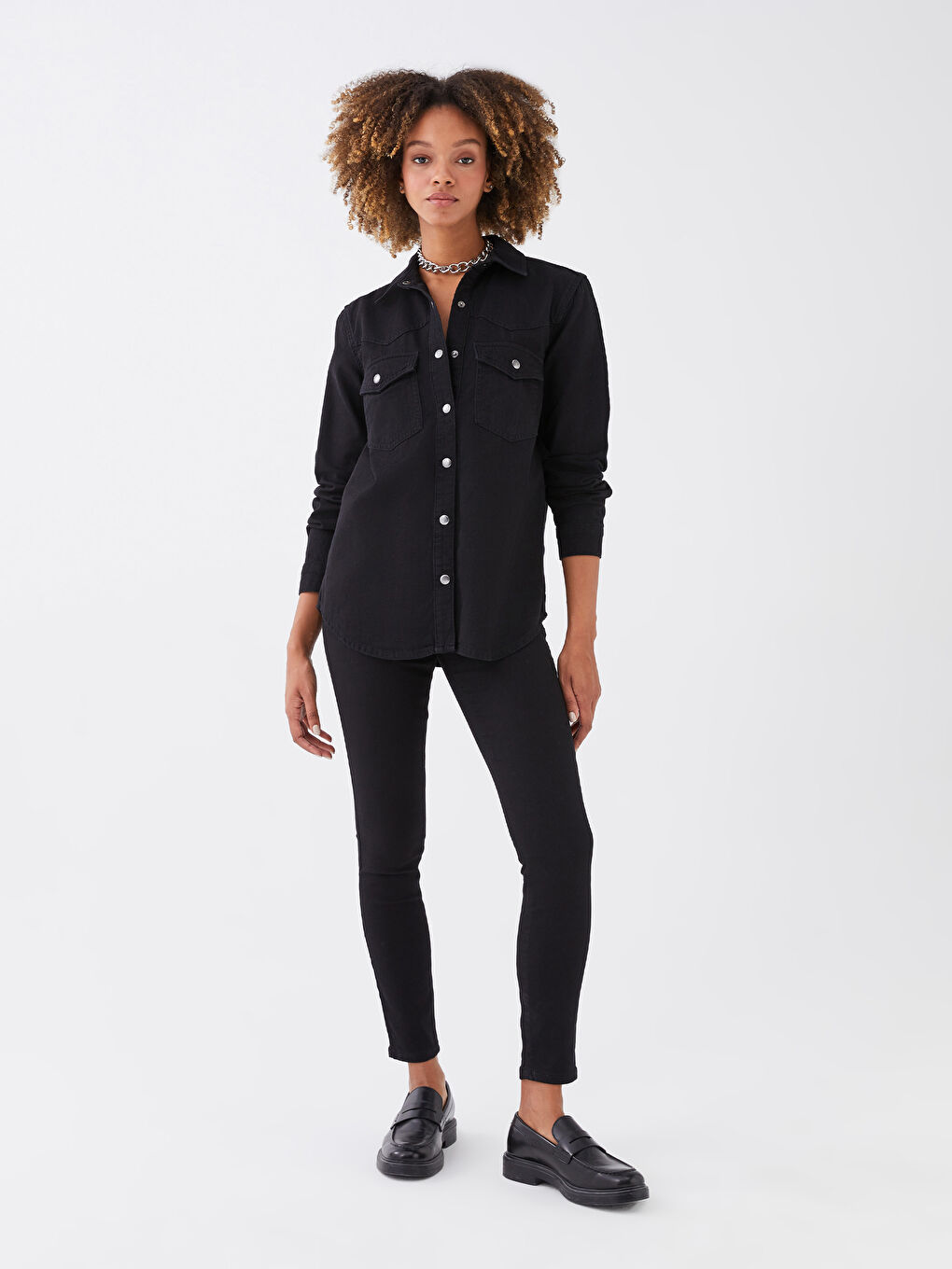 Siyah Düz Uzun Kollu Kadın Jean Gömlek-2