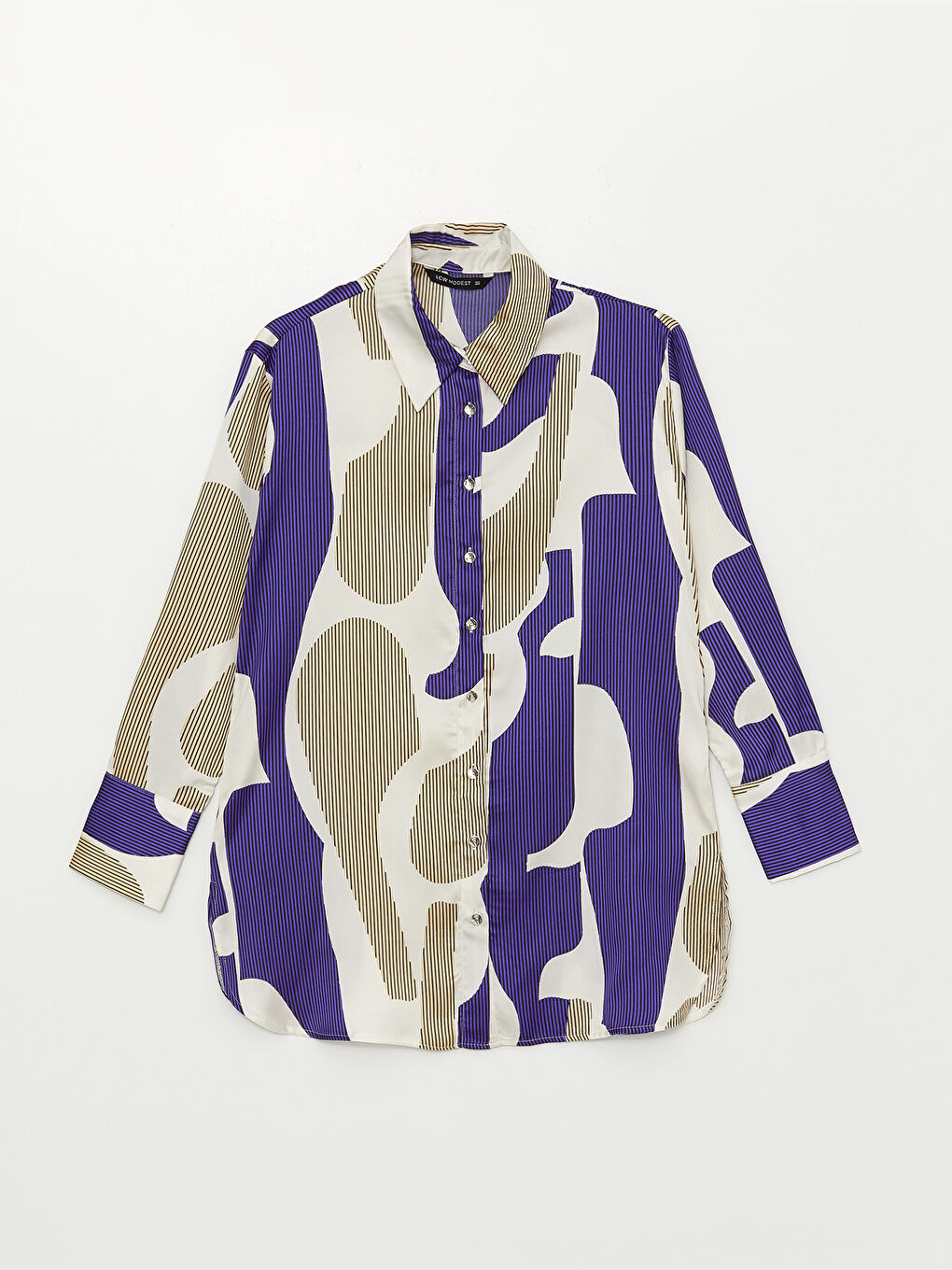 Mor Desenli Uzun Kollu Saten Kadın Gömlek-5