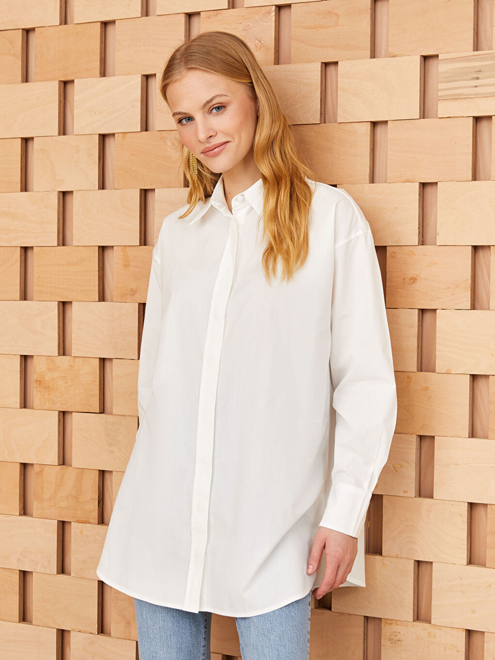 Ekru Düz Poplin Kadın Gömlek Tunik-1