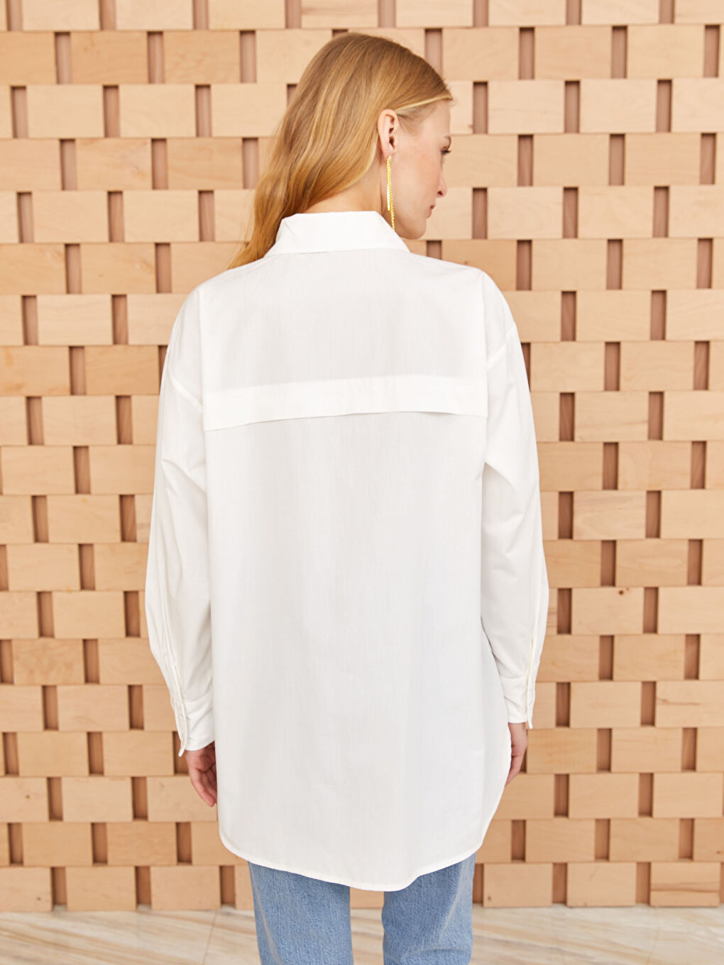 Ekru Düz Poplin Kadın Gömlek Tunik-4