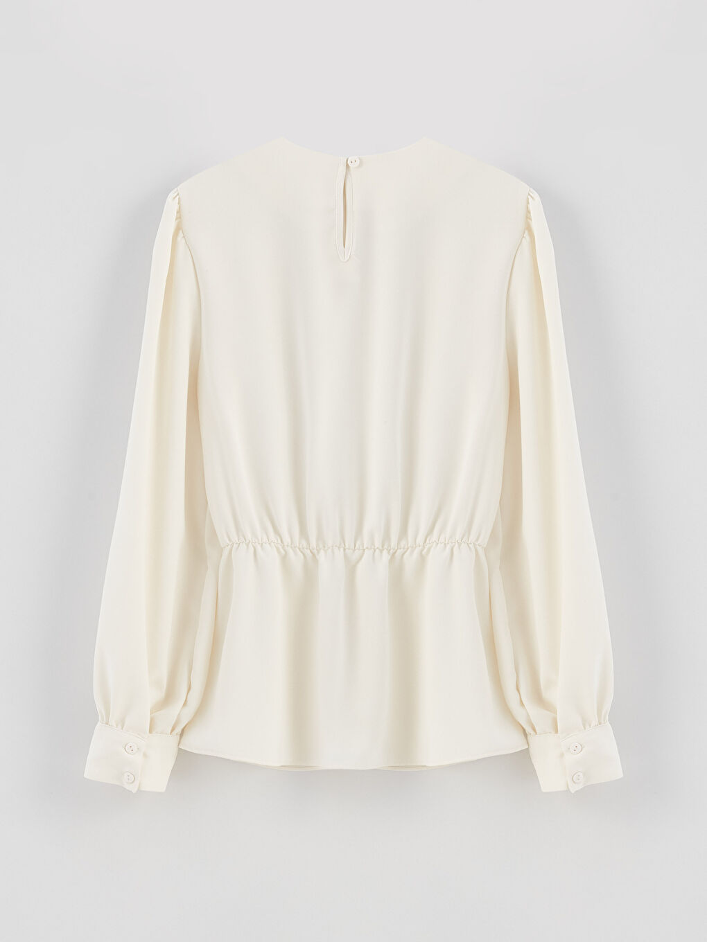 Ekru Bisiklet Yaka Düz Uzun Kollu Krep Kadın Bluz-6