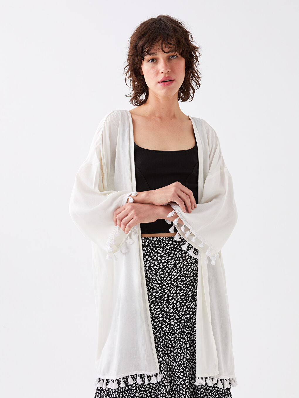 Kimono Oversize Uni à Col Châle pour Femmes-2