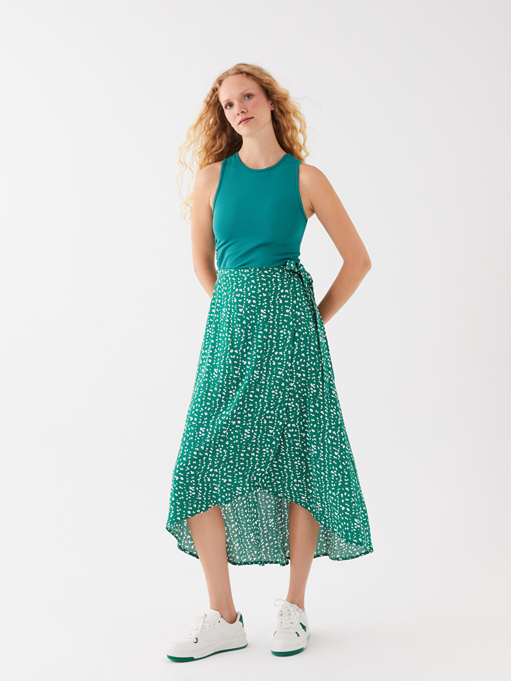 Yeşil Beli Lastikli Desenli Krinkle Kadın Etek-1