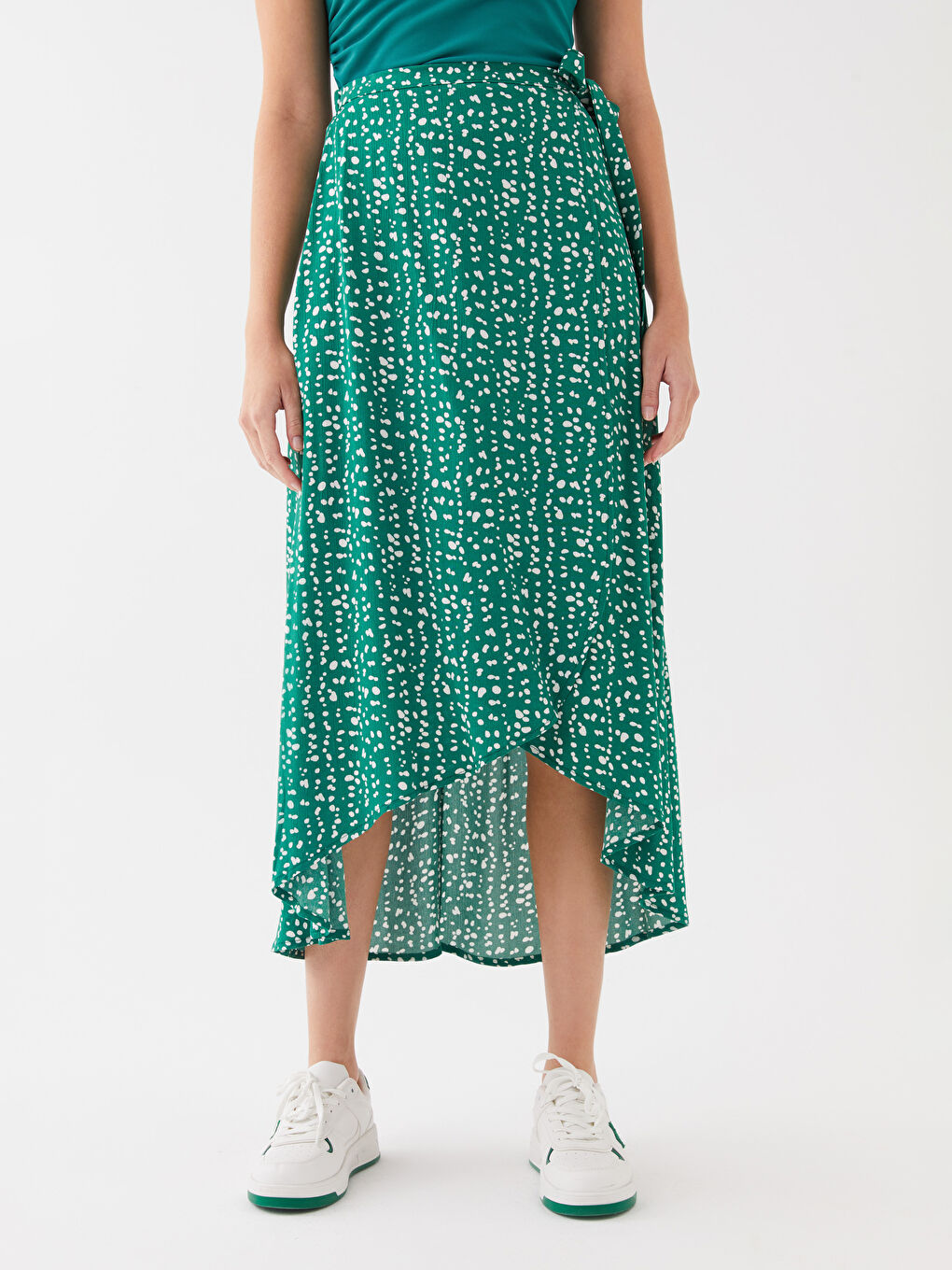 Yeşil Beli Lastikli Desenli Krinkle Kadın Etek-3