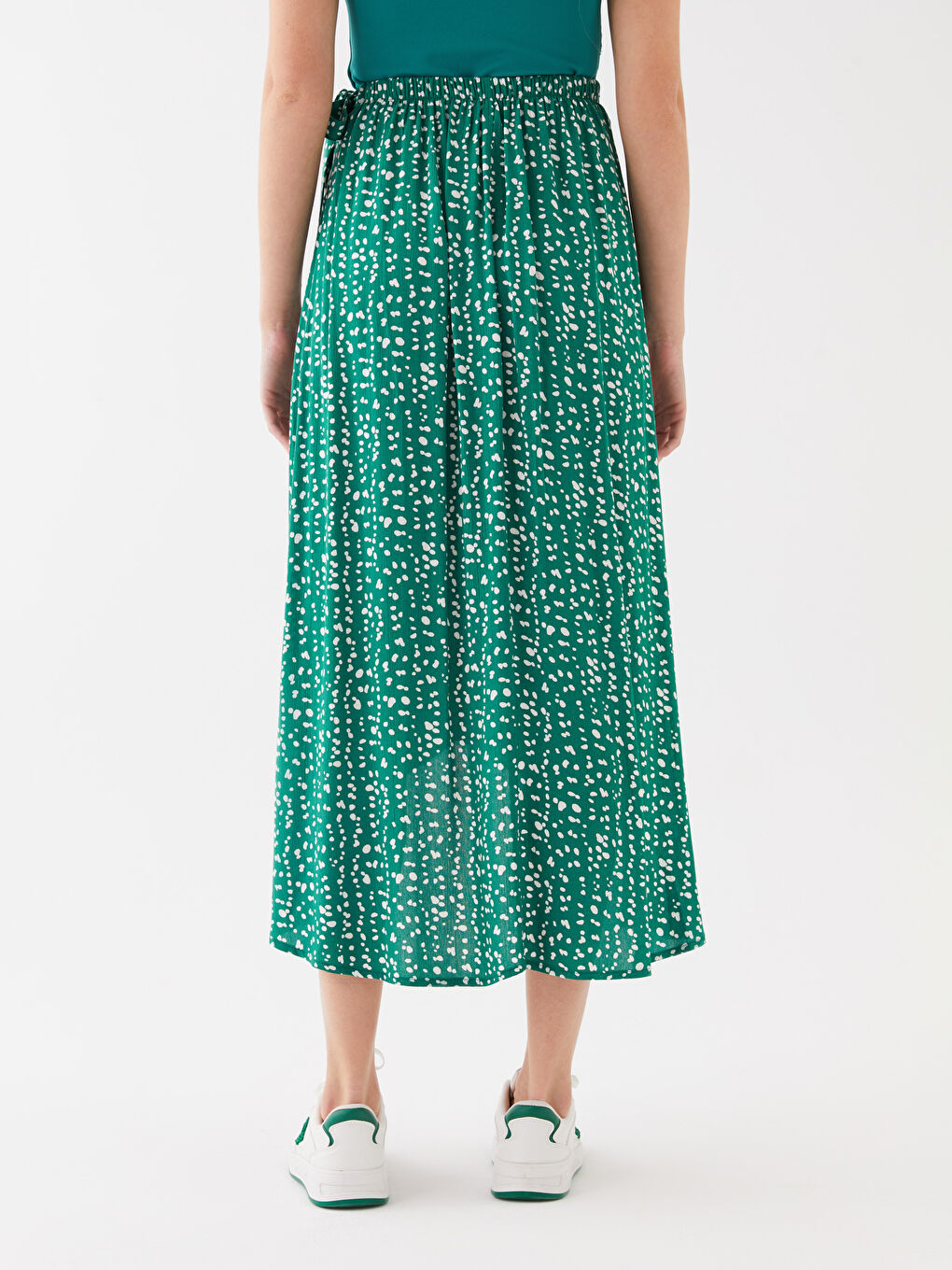 Yeşil Beli Lastikli Desenli Krinkle Kadın Etek-4