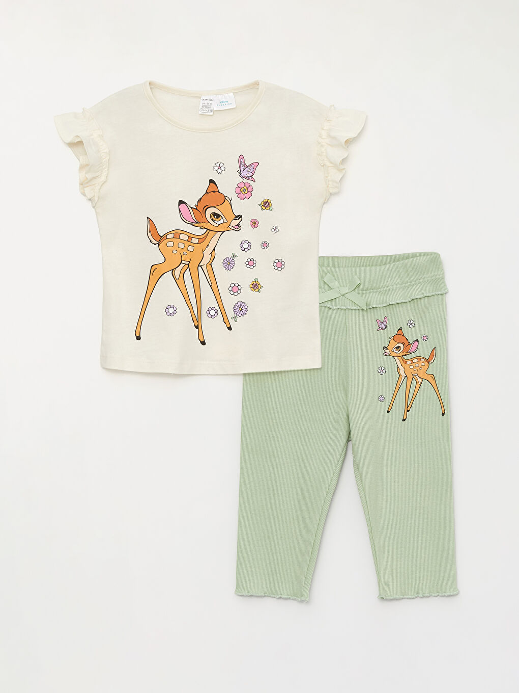 Ekru Bisiklet Yaka Kısa Kollu Baskılı Kız Bebek Tişört ve Tayt 2'li Takım