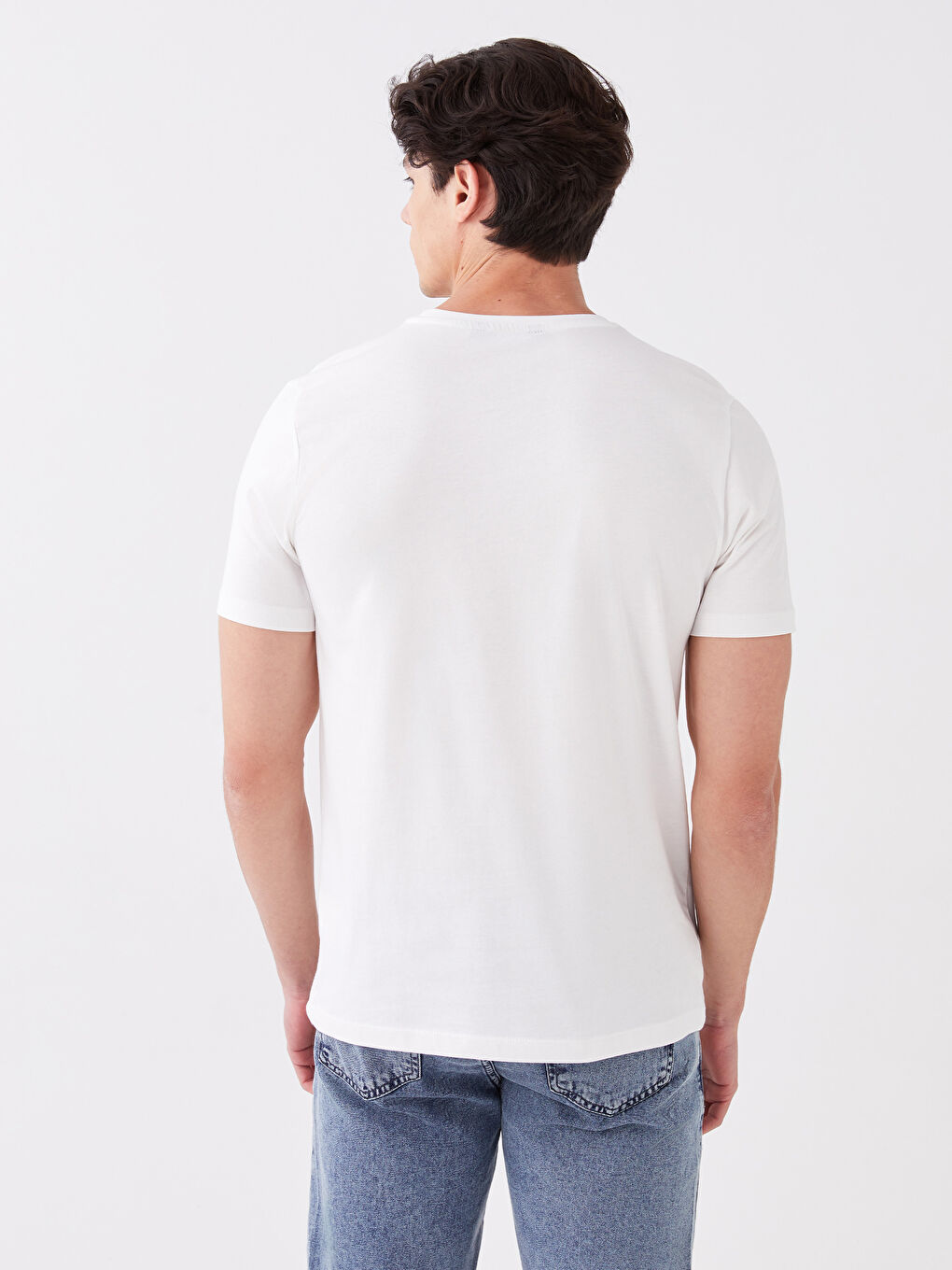 Beyaz Bisiklet Yaka Kısa Kollu Baskılı Penye Erkek Tişört-3