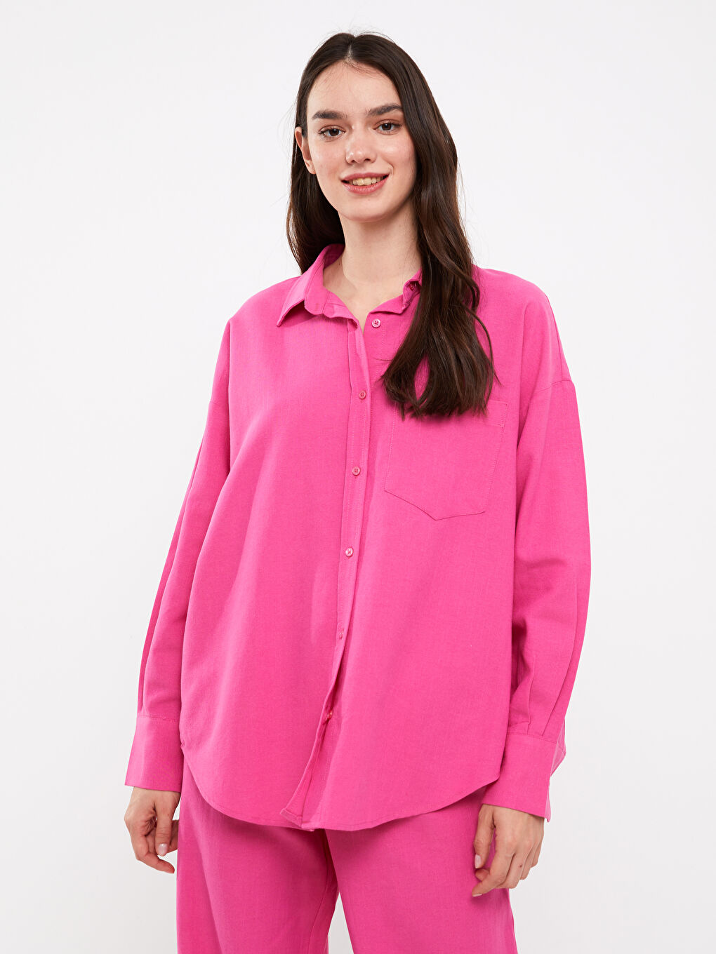 Fuşya Düz Uzun Kollu Oversize Keten Karışımlı Kadın Gömlek