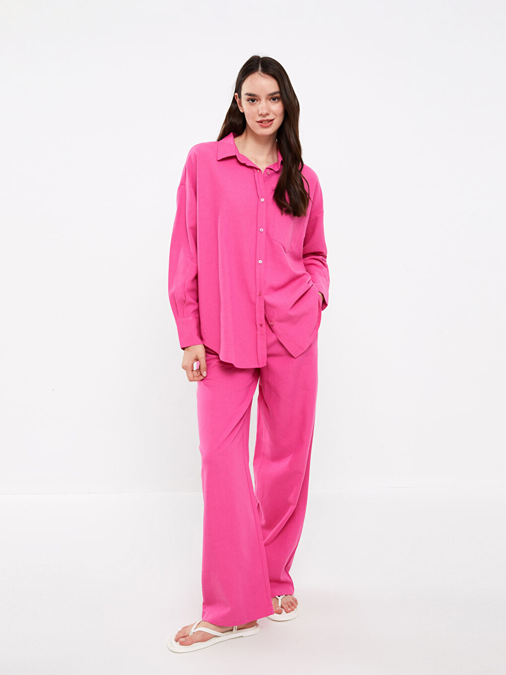 Fuşya Düz Uzun Kollu Oversize Keten Karışımlı Kadın Gömlek-2