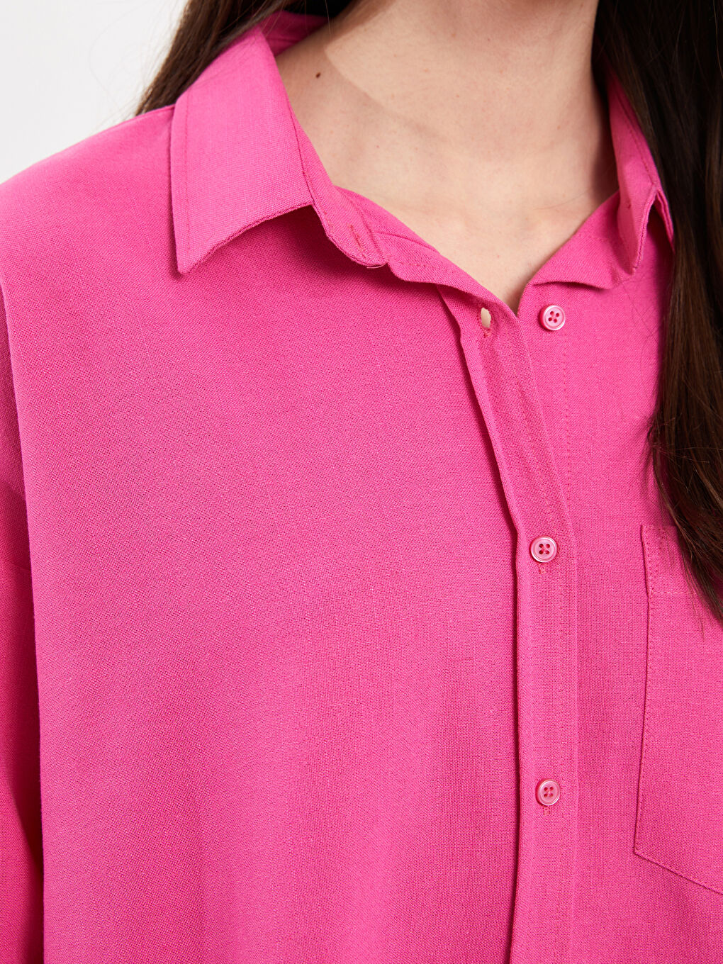 Fuşya Düz Uzun Kollu Oversize Keten Karışımlı Kadın Gömlek-3