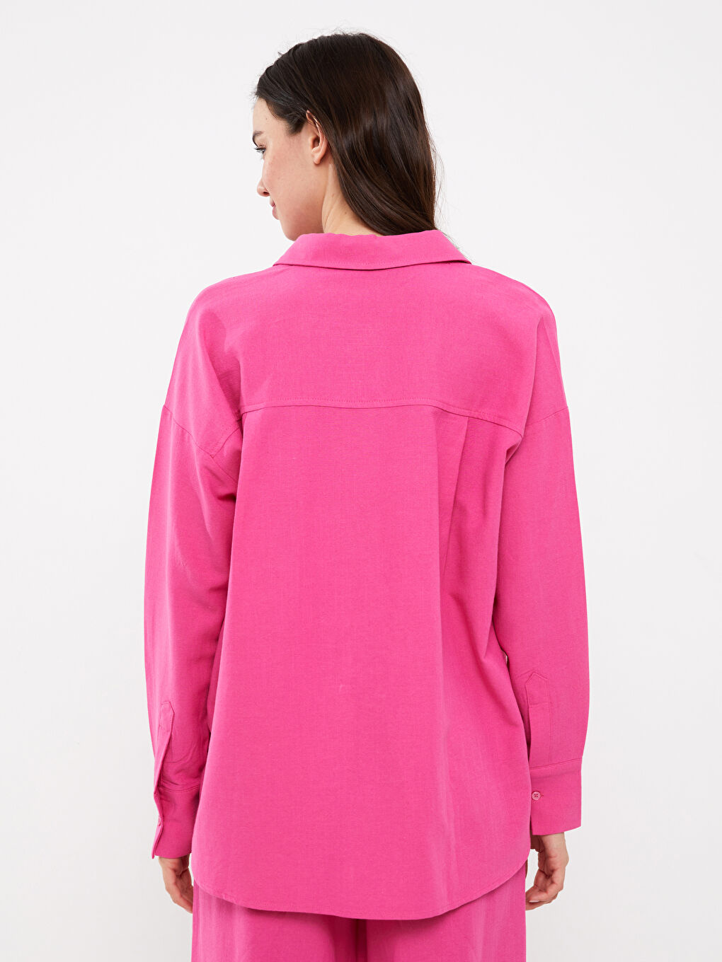 Fuşya Düz Uzun Kollu Oversize Keten Karışımlı Kadın Gömlek-4