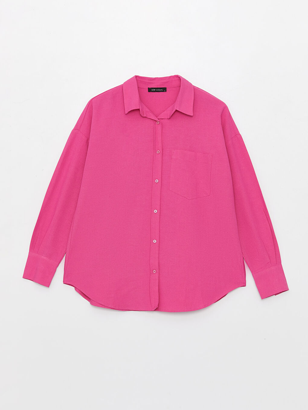 Fuşya Düz Uzun Kollu Oversize Keten Karışımlı Kadın Gömlek-5