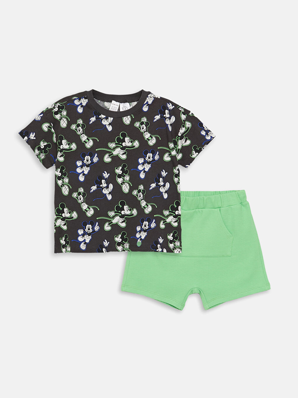 Antrasit Bisiklet Yaka Kısa Kollu Mickey Mouse Baskılı Erkek Bebek Tişört ve Şort 2'li Takım