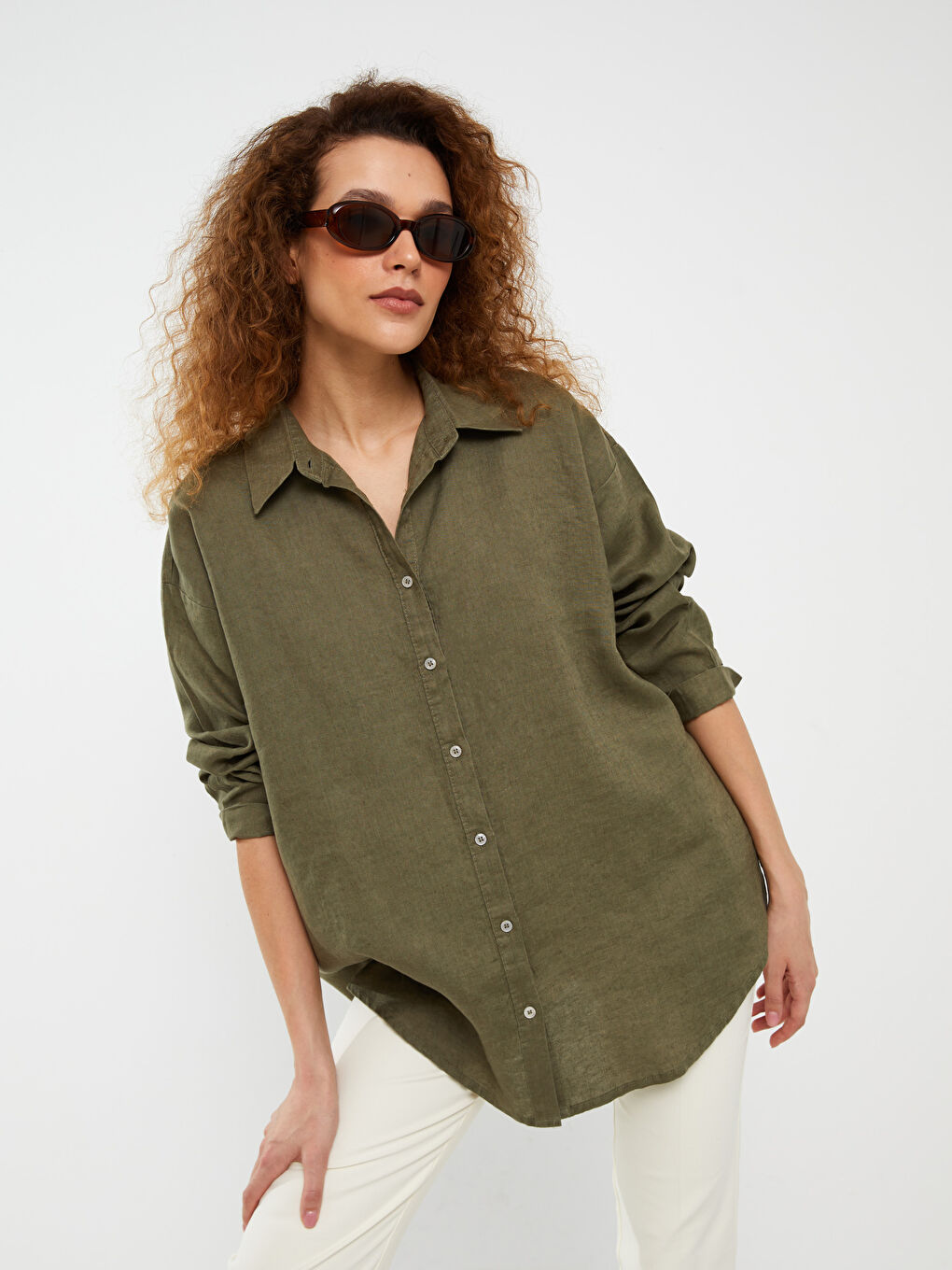 LCWAIKIKI Classic Plain Long Sleeve Oversize Linen Women's Shirt -S3GB19Z8-V2B