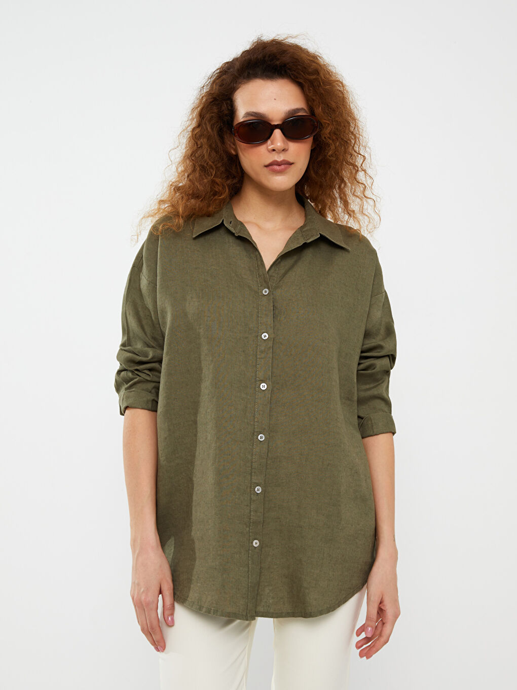 LCWAIKIKI Classic Plain Long Sleeve Oversize Linen Women's Shirt -S3GB19Z8-V2B