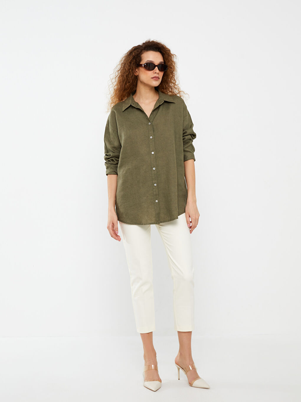 LCWAIKIKI Classic Plain Long Sleeve Oversize Linen Women's Shirt -S3GB19Z8-V2B
