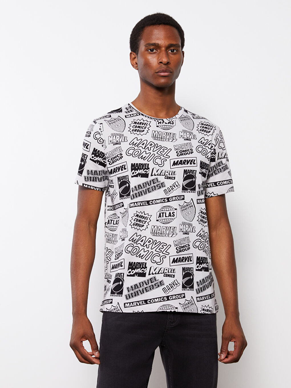 Gri Bisiklet Yaka Kısa Kollu Marvel Baskılı Penye Erkek Tişört