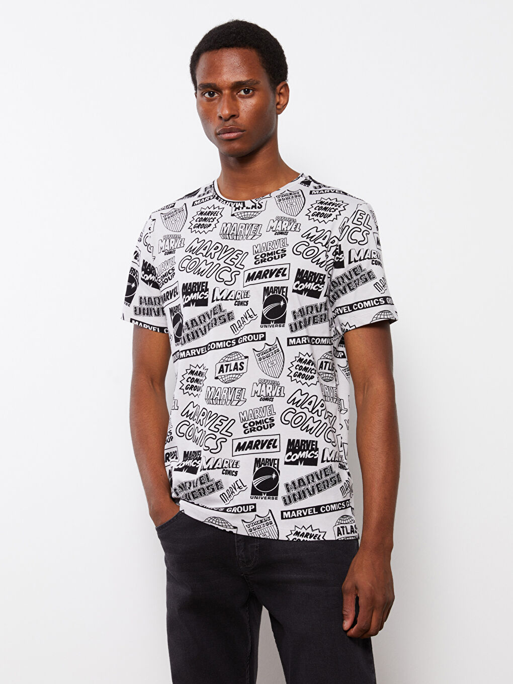 Gri Bisiklet Yaka Kısa Kollu Marvel Baskılı Penye Erkek Tişört-1