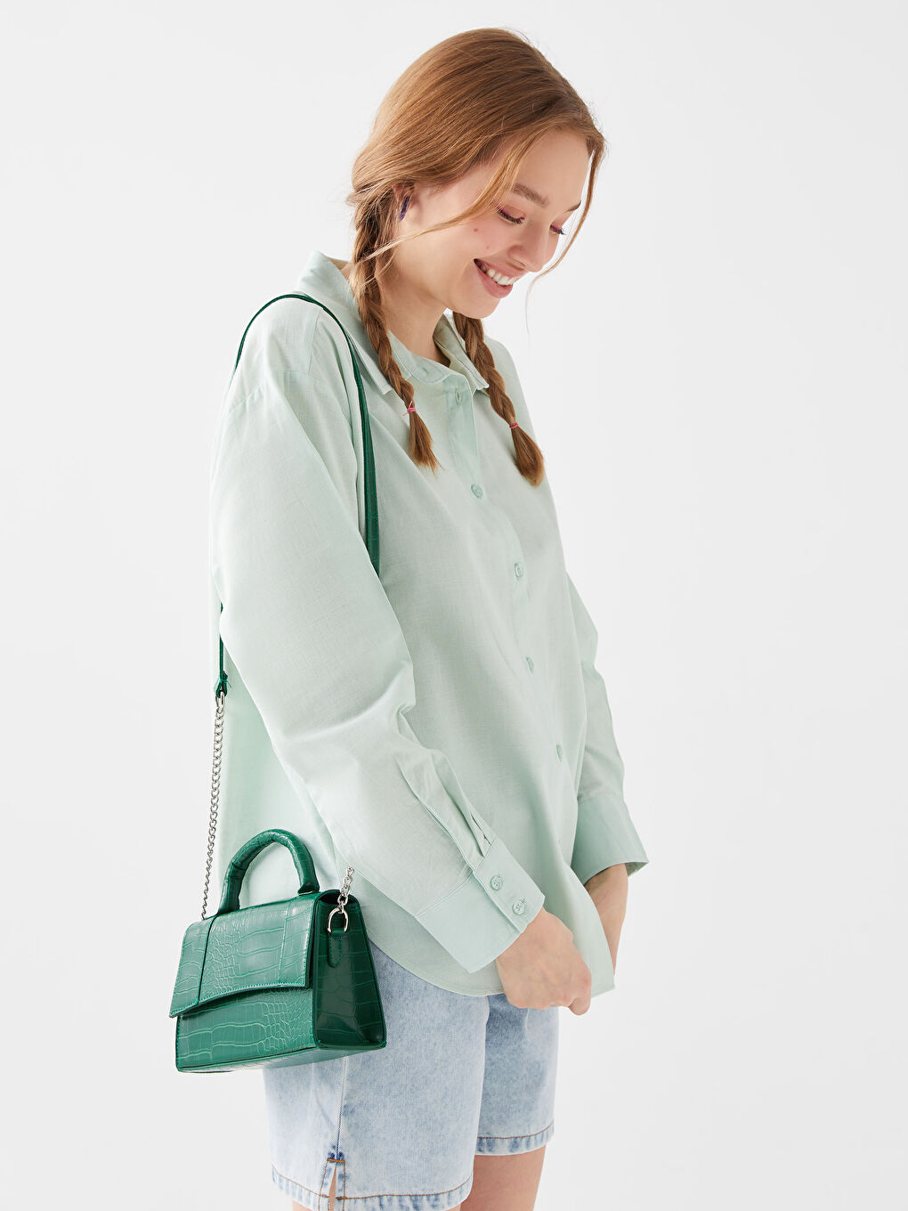 Yeşil Düz Uzun Kollu Oversize Kadın Gömlek-1