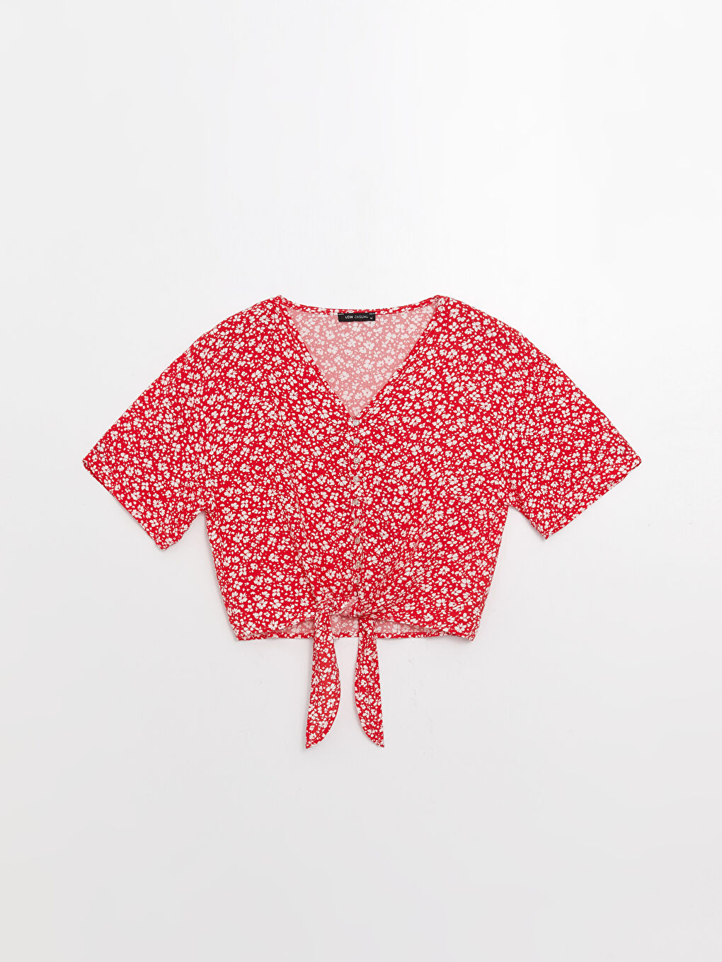 Kırmızı V Yaka Çiçekli Kısa Kollu Crop Kadın Bluz-5