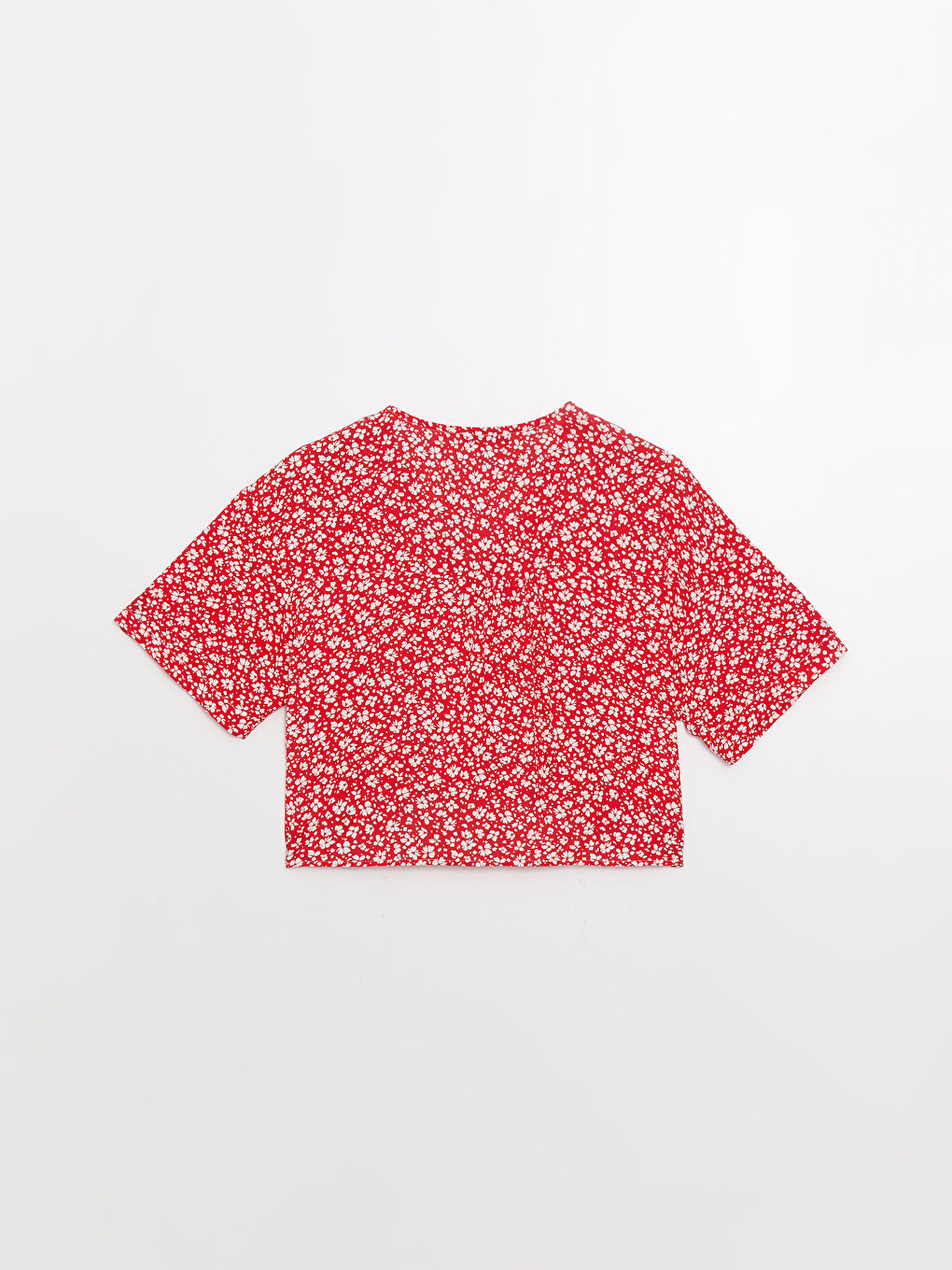 Kırmızı V Yaka Çiçekli Kısa Kollu Crop Kadın Bluz-6