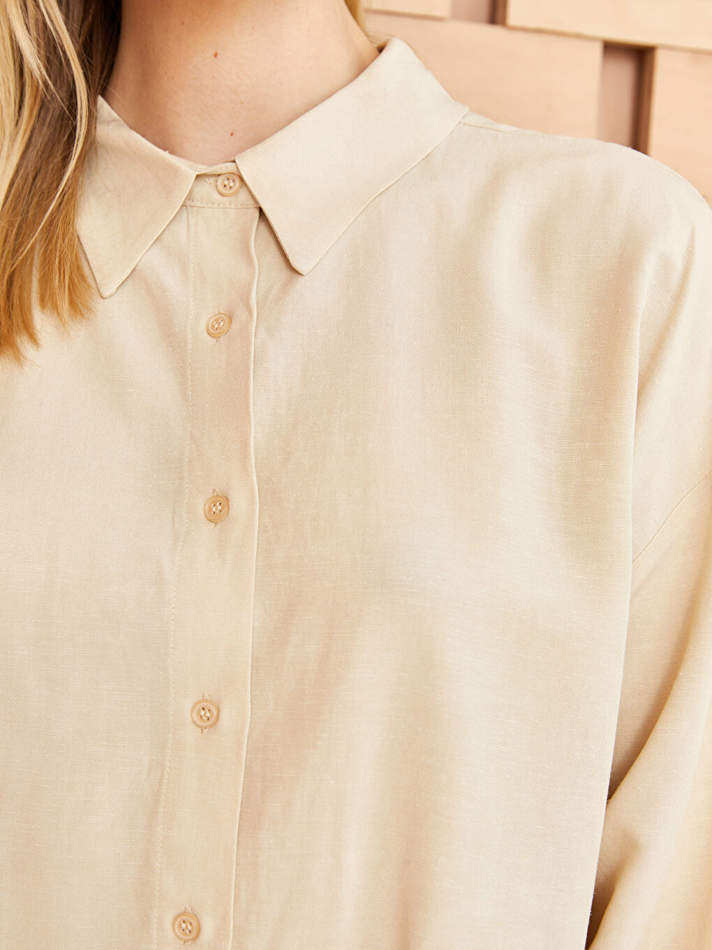 Bej Düz Uzun Kollu Keten Karışımlı Oversize Kadın Gömlek Tunik-3