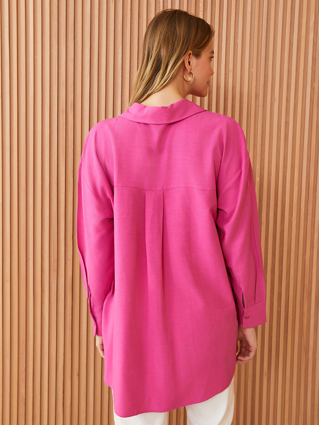 قميص تونيك سادة كم طويل خليط كتان أوفراسايز للسيدات-4