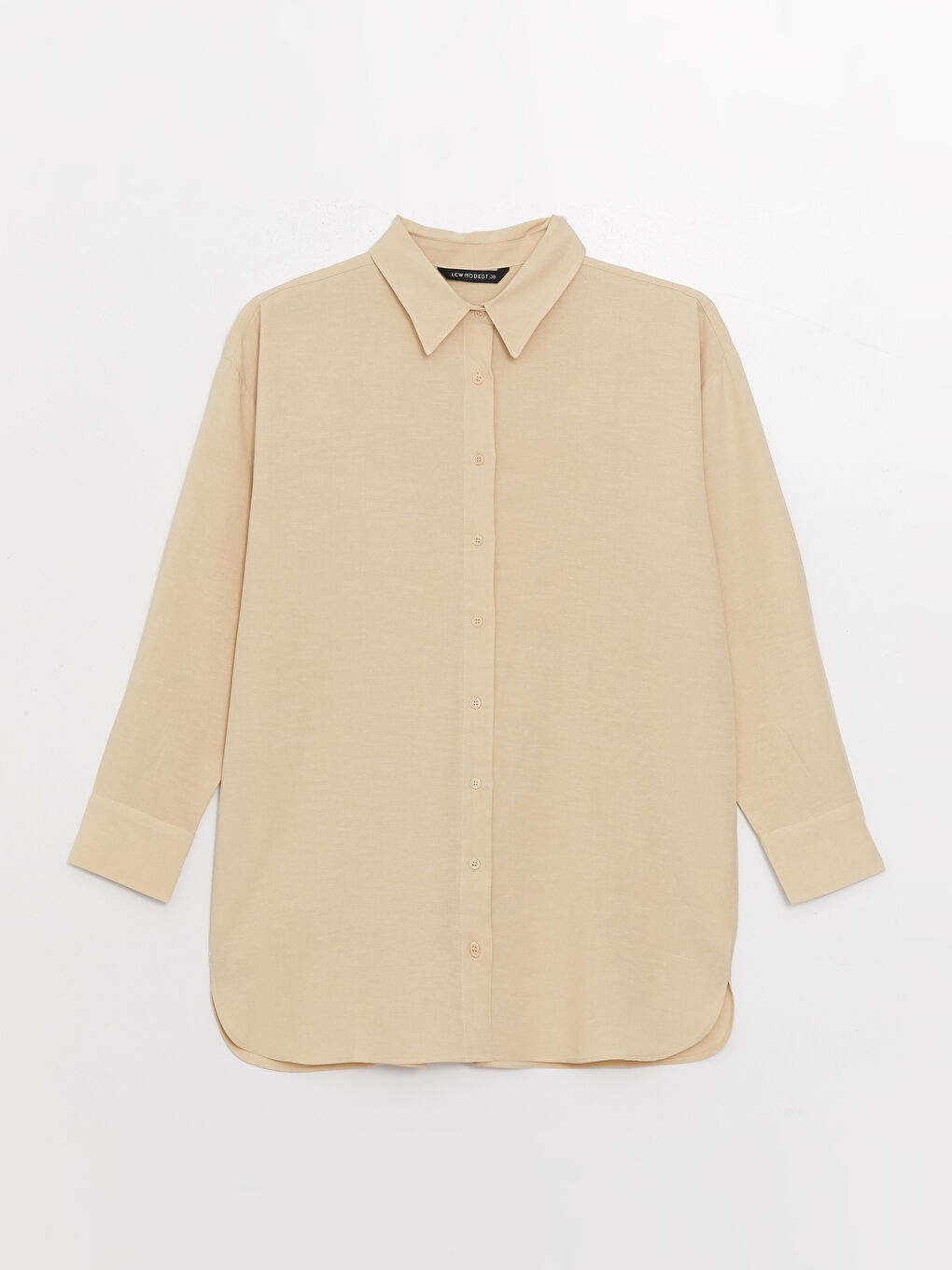 Bej Düz Uzun Kollu Keten Karışımlı Oversize Kadın Gömlek Tunik-5