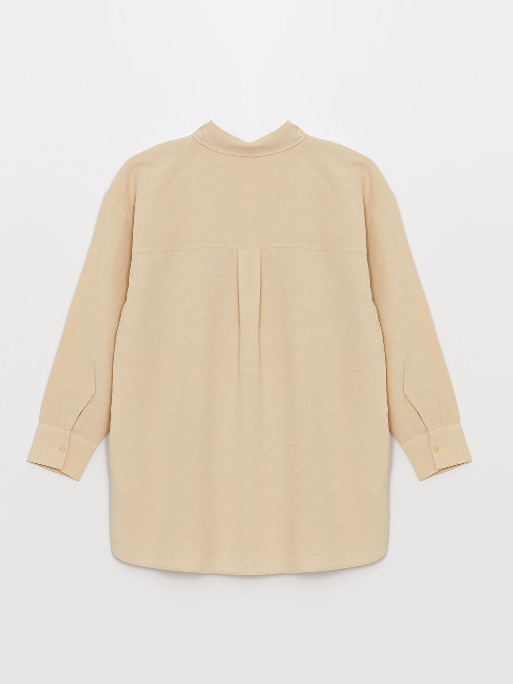 Bej Düz Uzun Kollu Keten Karışımlı Oversize Kadın Gömlek Tunik-6