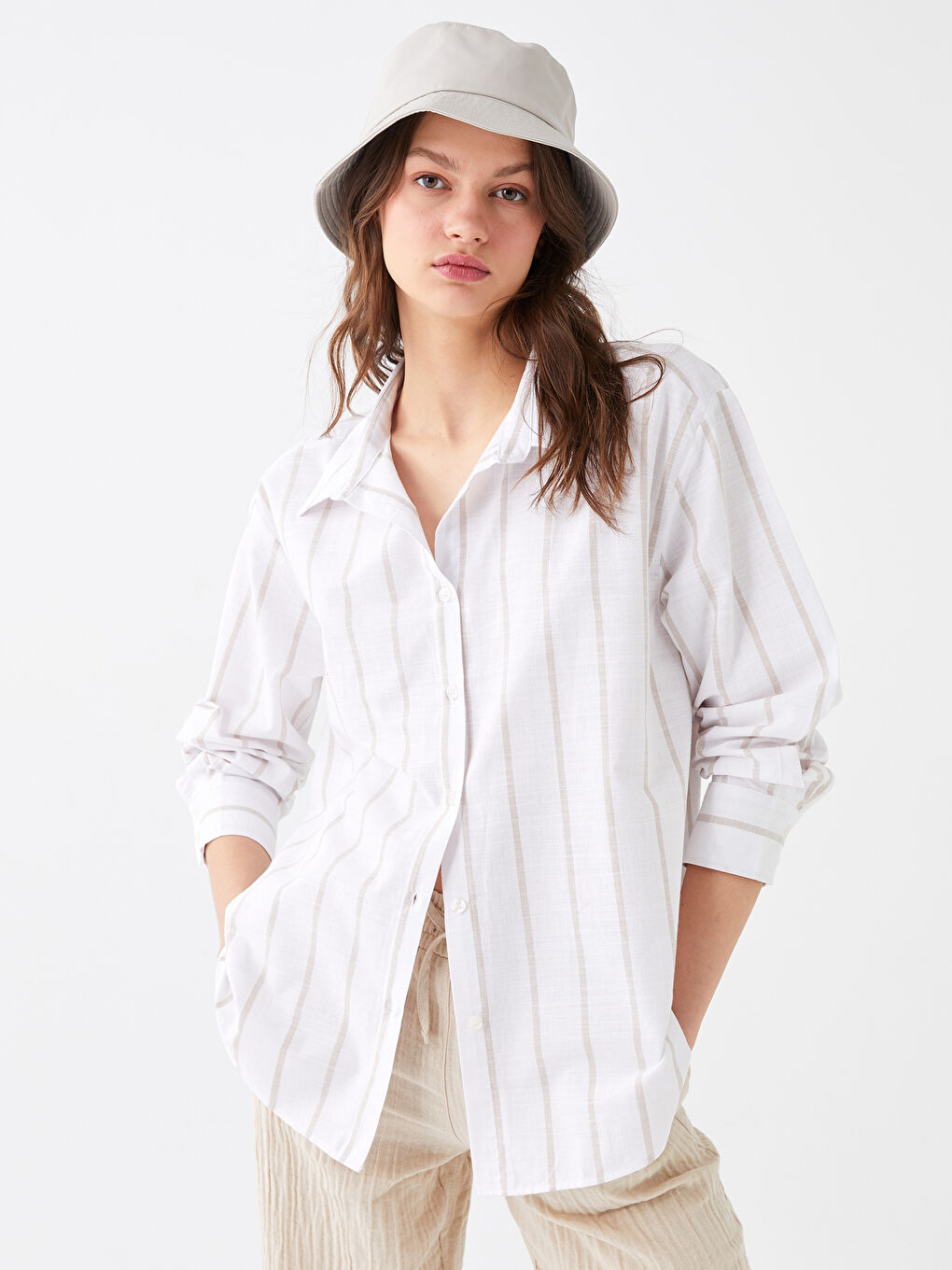 Bej Çizgili Uzun Kollu Oversize Kadın Gömlek-1