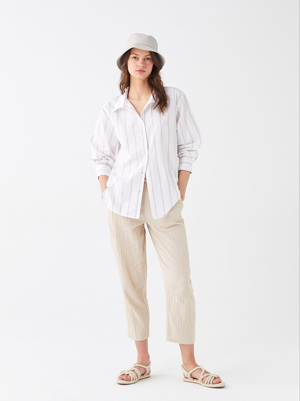 Bej Çizgili Uzun Kollu Oversize Kadın Gömlek-2