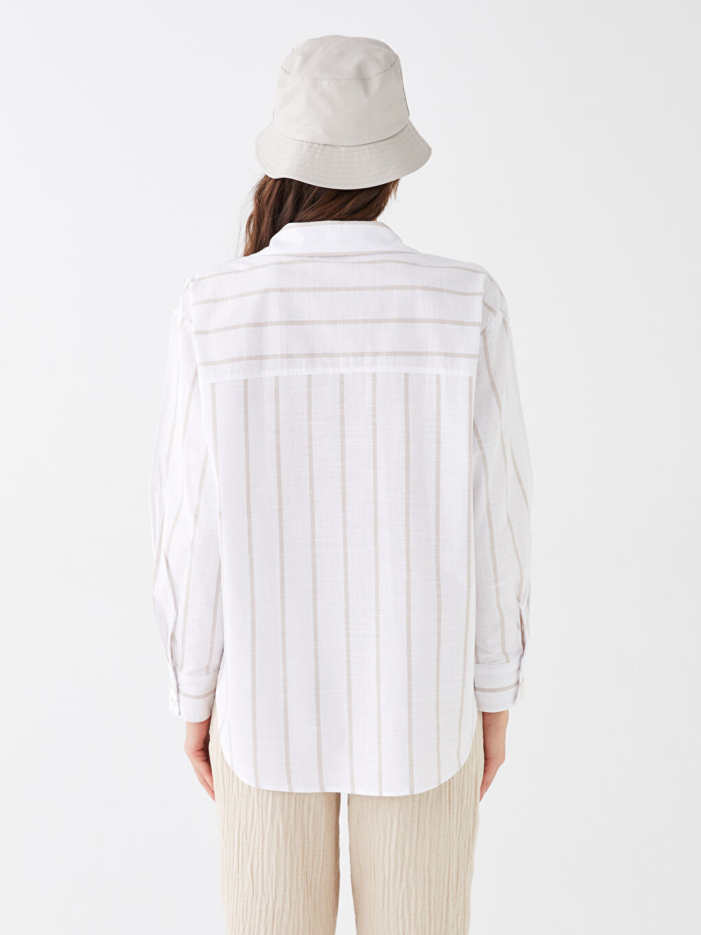 Bej Çizgili Uzun Kollu Oversize Kadın Gömlek-4