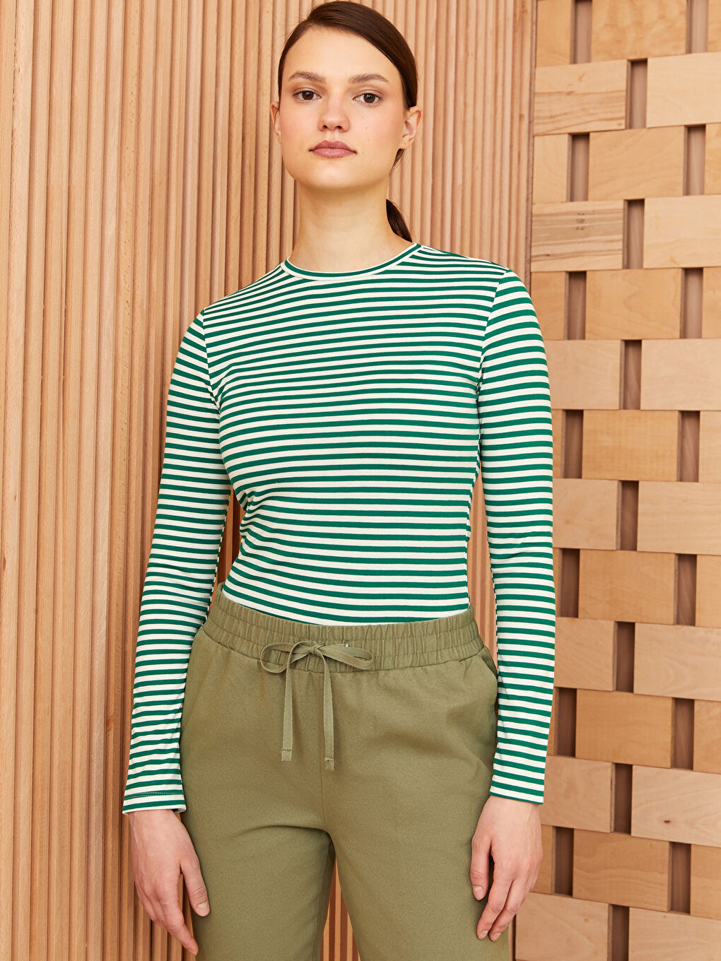 Crew Neck Striped Long Sleeve Women's T-Shirt-1