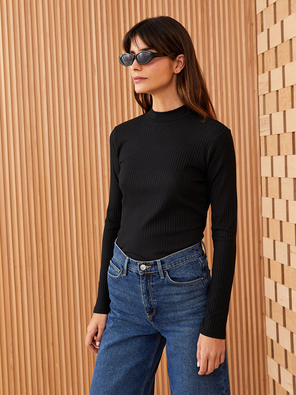 Funnel Neck Plain Long Sleeve Women's T-Shirt