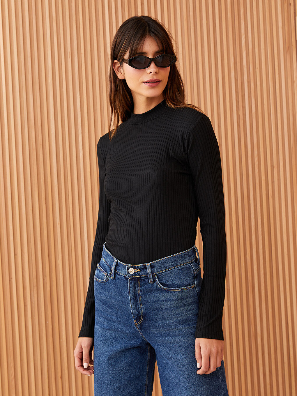 Funnel Neck Plain Long Sleeve Women's T-Shirt-1